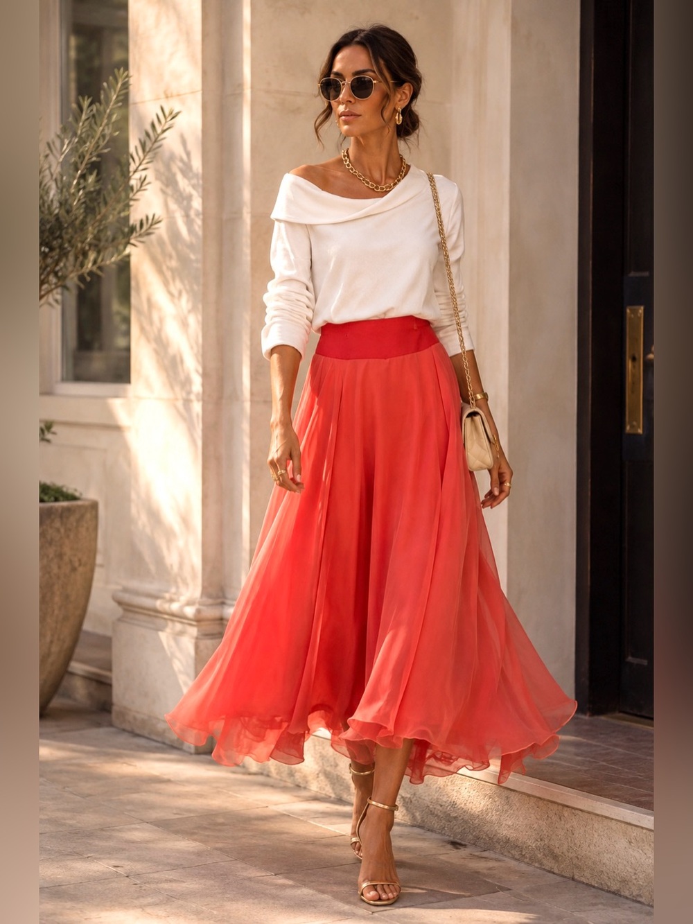 Handmade Coral Suede-Waist Tulle Chiffon Circle Maxi Skirt S/M - Picture 5 of 16